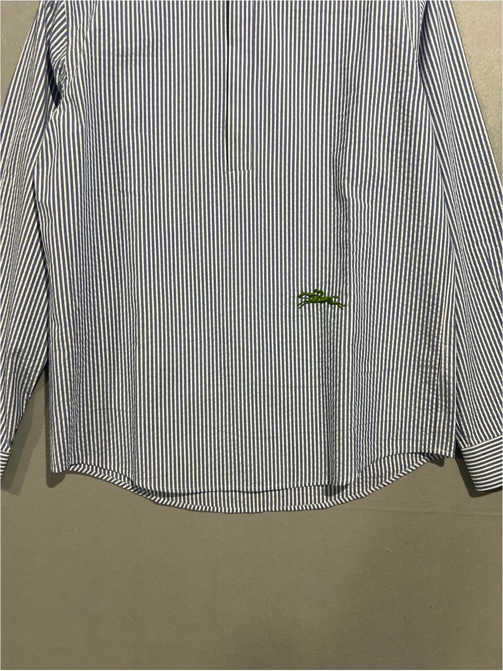 Longchamp Shirt Men’s Large Blue White Vertical Striped Band-Collar Long Sleeve - Picture 5 of 15